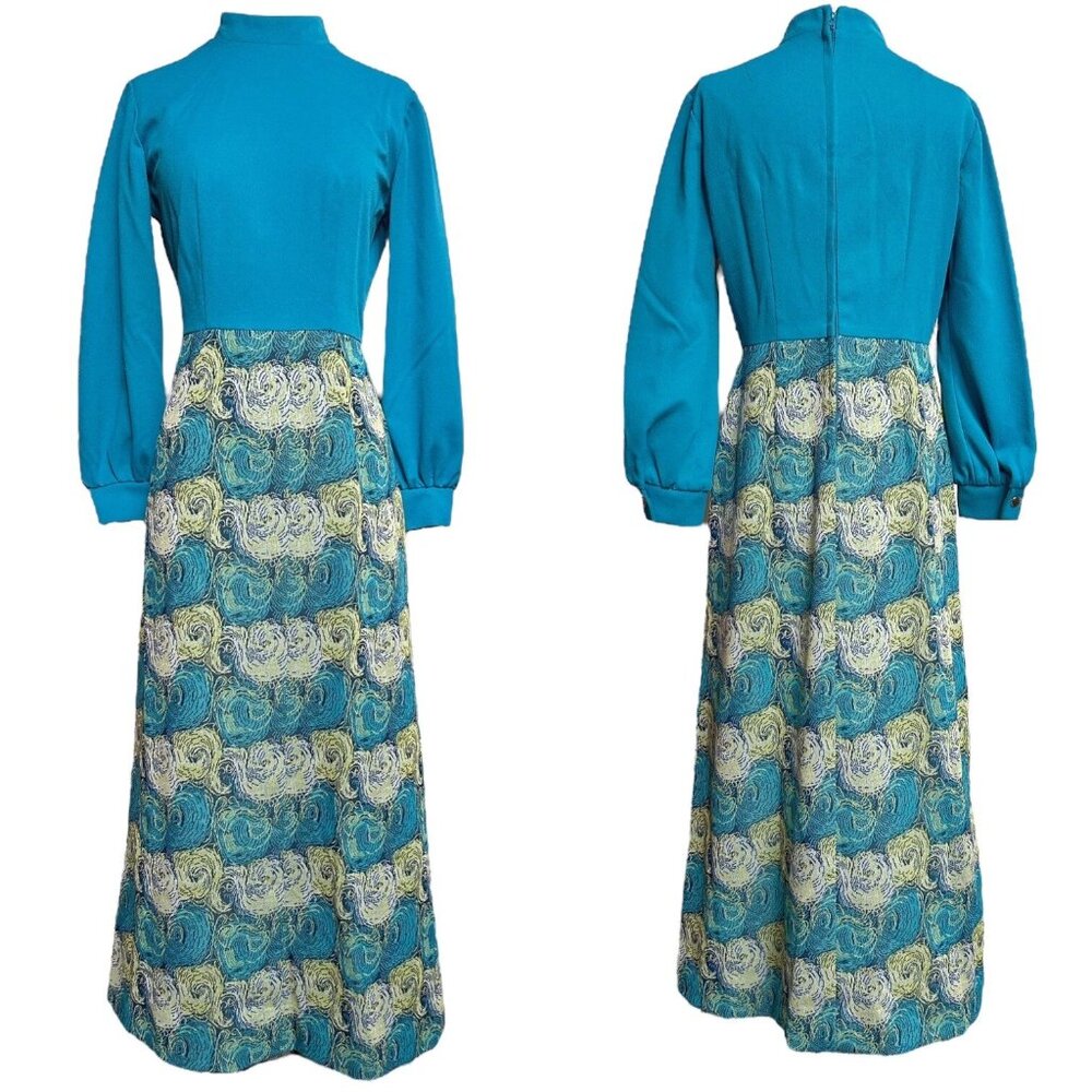 70s vintage mockneck maxi dress long bishop sleeve abstract pattern union made.